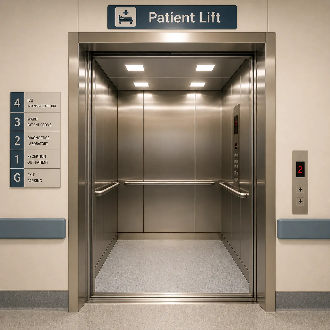 Hospital elevator wide entry door